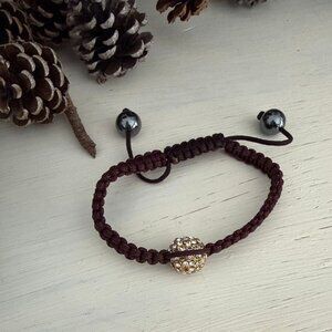 Brown Macramé Shamballa-style Bracelet with Rhinestone Pave Bead & Hematite